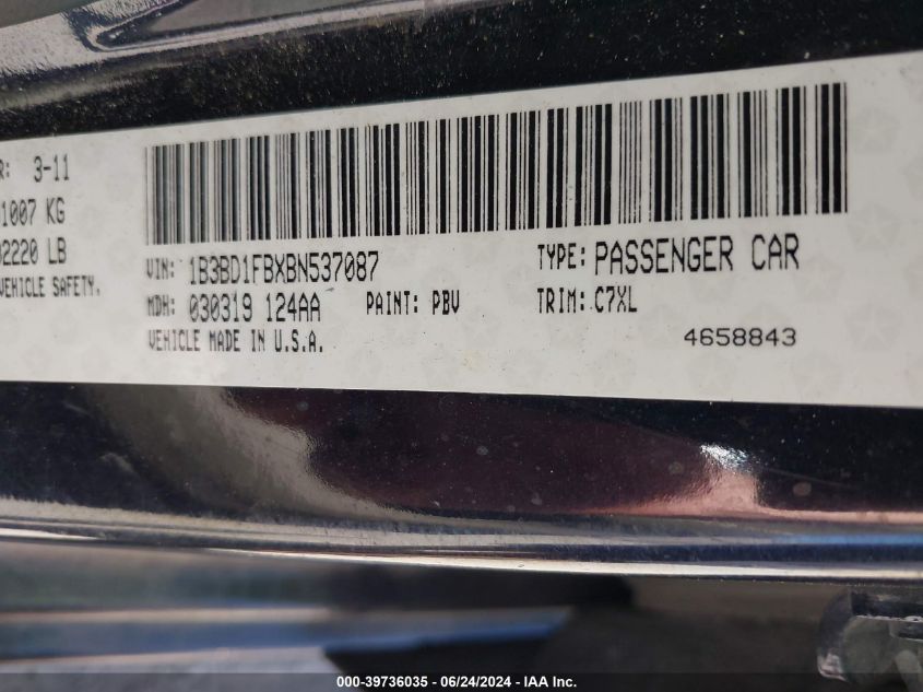 2011 Dodge Avenger Mainstreet VIN: 1B3BD1FBXBN537087 Lot: 39736035
