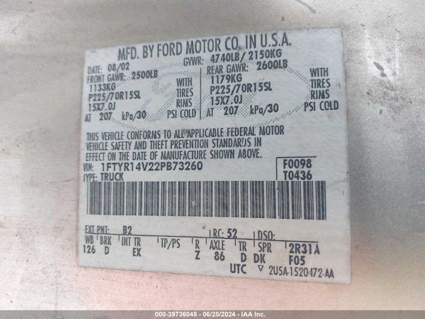 2002 Ford Ranger Edge/Tremor/Xl/Xlt VIN: 1FTYR14V22PB73260 Lot: 39736048