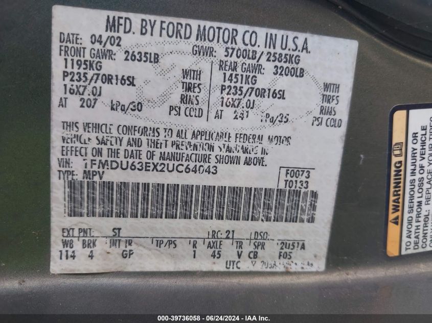 2002 Ford Explorer Xlt VIN: 1FMDU63EX2UC64043 Lot: 39736058