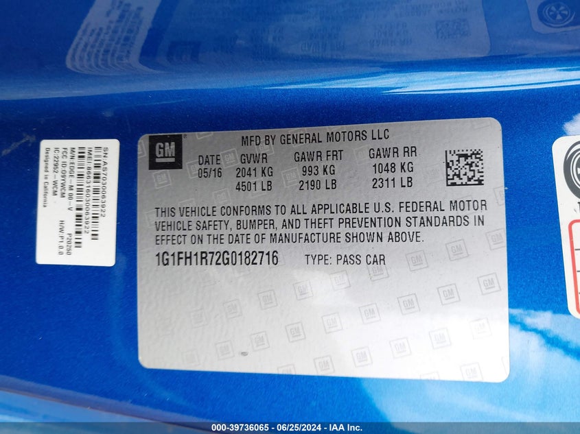 2016 Chevrolet Camaro 2Ss VIN: 1G1FH1R72G0182716 Lot: 39736065
