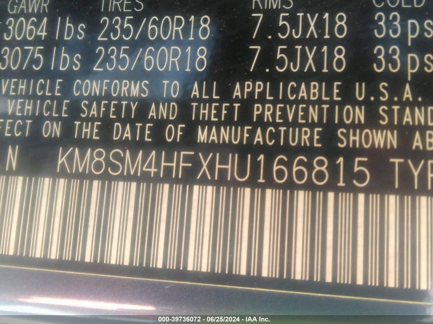 2017 Hyundai Santa Fe Se VIN: KM8SM4HFXHU166815 Lot: 39736072