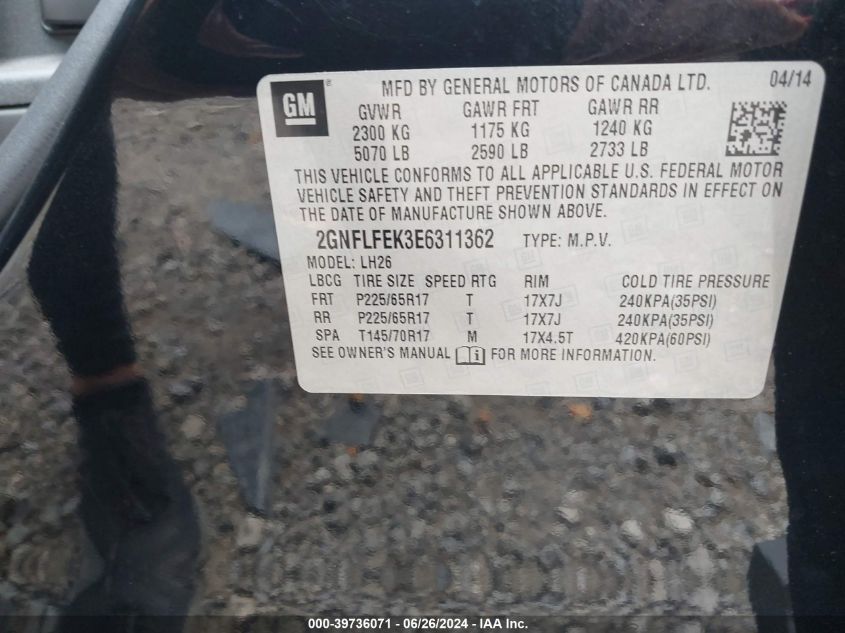 2014 Chevrolet Equinox 1Lt VIN: 2GNFLFEK3E6311362 Lot: 39736071