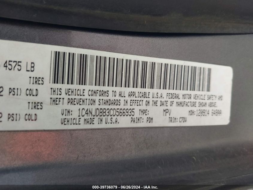 2012 Jeep Compass Sport VIN: 1C4NJDBB3CD566935 Lot: 39736079