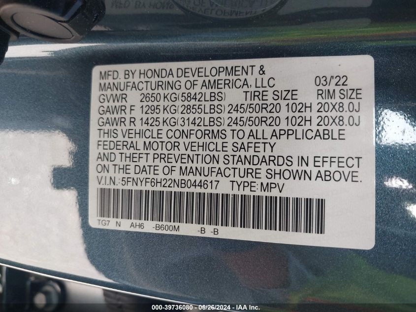 2022 Honda Pilot Awd Special Edition VIN: 5FNYF6H22NB044617 Lot: 39736080