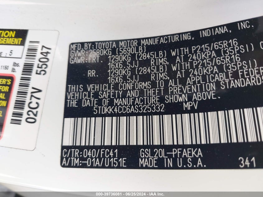 2010 Toyota Sienna Le VIN: 5TDKK4CC6AS325332 Lot: 39736081