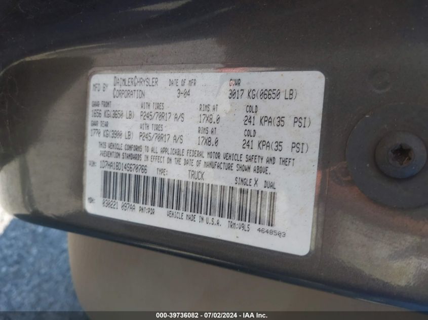 2004 Dodge Ram 1500 Slt/Laramie VIN: 1D7HA18D14S670766 Lot: 39736082