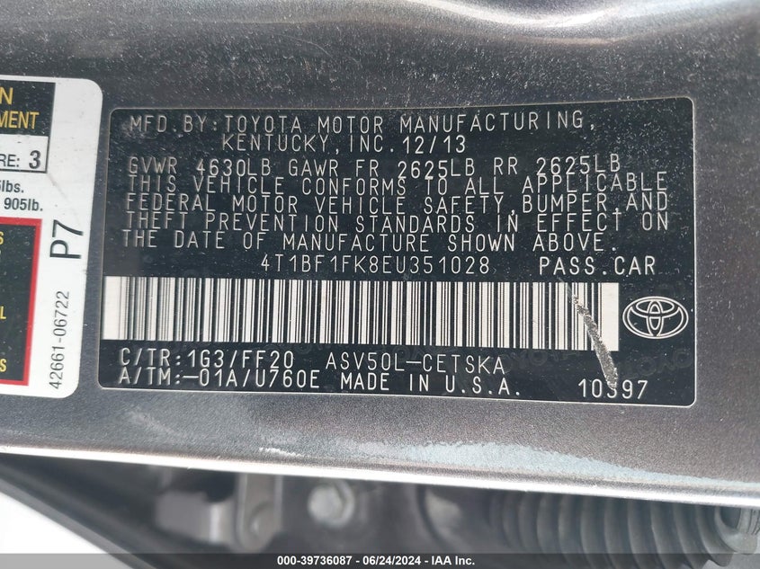 2014 Toyota Camry Se VIN: 4T1BF1FK8EU351028 Lot: 39736087