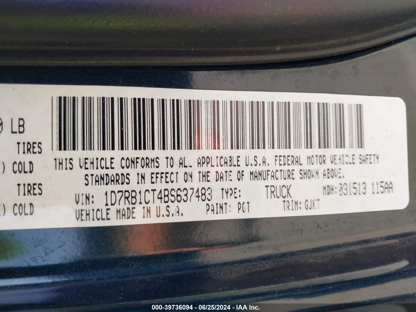 2011 Ram Ram 1500 Laramie VIN: 1D7RB1CT4BS637483 Lot: 39736094