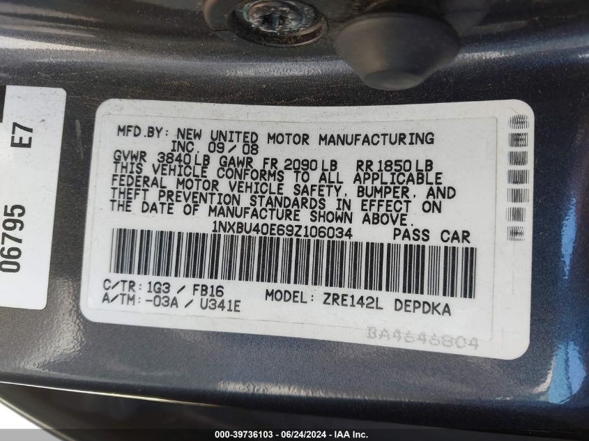 2009 Toyota Corolla VIN: 1NXBU40E69Z106034 Lot: 39736103