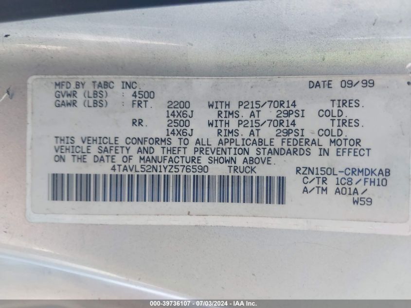 2000 Toyota Tacoma Xtracab VIN: 4TAVL52N1YZ576590 Lot: 39736107