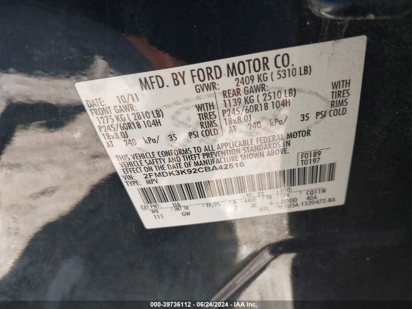 2012 Ford Edge Limited VIN: 2FMDK3K92CBA42516 Lot: 39736112