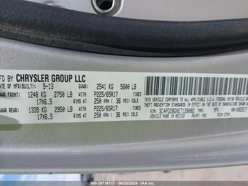 2014 Dodge Journey Sxt VIN: 3C4PDDBGXET128082 Lot: 39736117