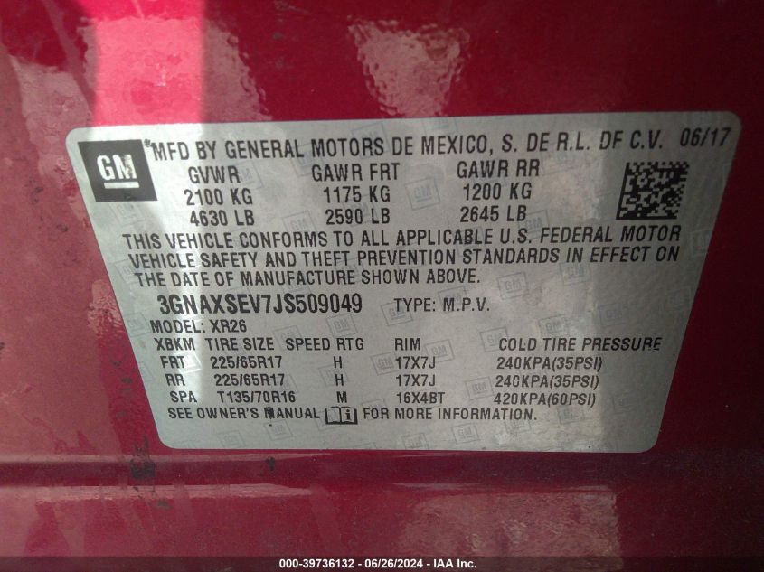 2018 Chevrolet Equinox Lt VIN: 3GNAXSEV7JS509049 Lot: 39736132