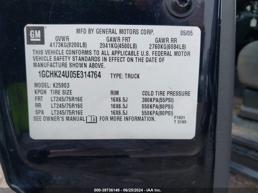 2005 Chevrolet Silverado 2500Hd Ls VIN: 1GCHK24U05E314764 Lot: 39736148
