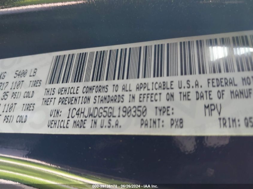 2016 Jeep Wrangler Unlimited Sport VIN: 1C4HJWDG5GL190350 Lot: 39736178