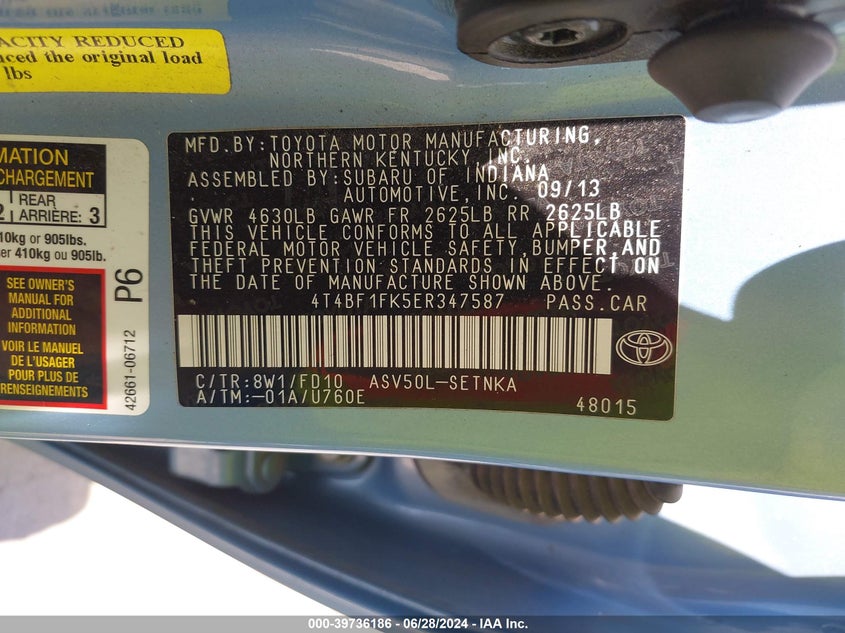 2014 Toyota Camry Le VIN: 4T4BF1FK5ER347587 Lot: 39736186