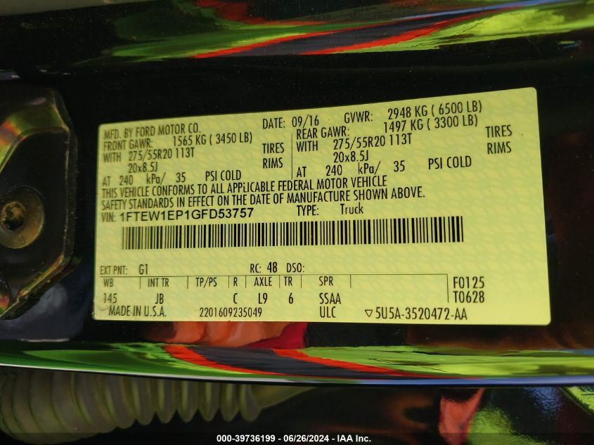 2016 Ford F-150 Xlt VIN: 1FTEW1EP1GFD53757 Lot: 39736199