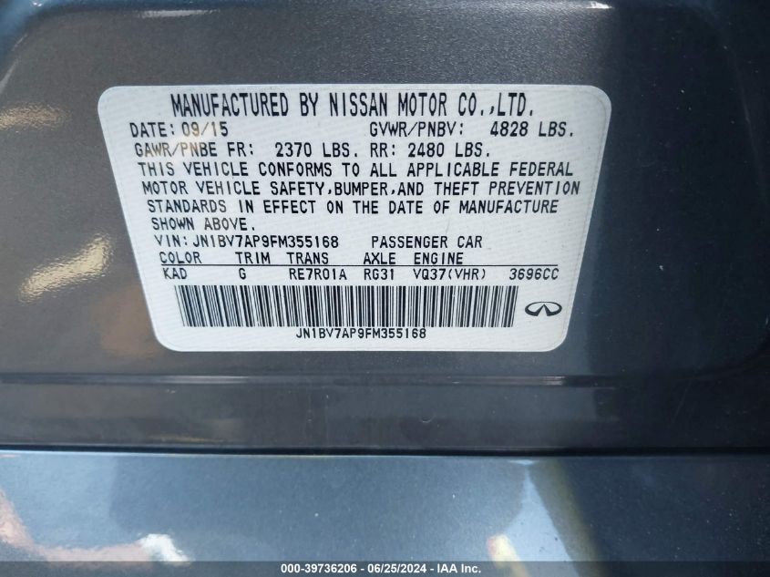 2015 Infiniti Q50 Premium VIN: JN1BV7AP9FM355168 Lot: 39736206