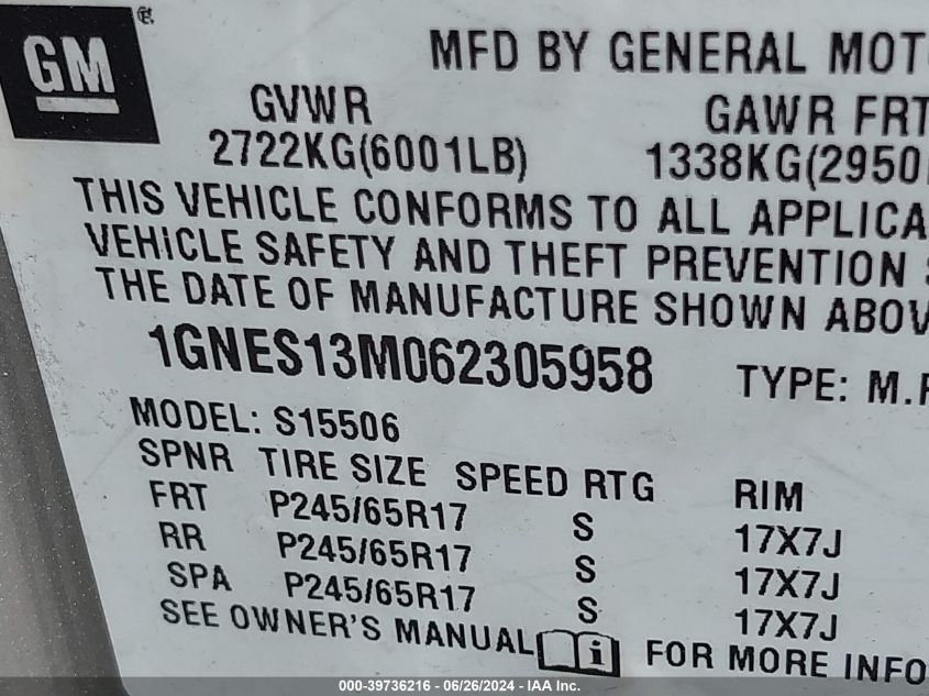 2006 Chevrolet Trailblazer Ls/Lt VIN: 1GNES13M062305958 Lot: 39736216