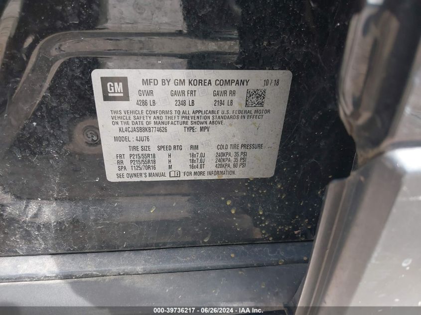 2019 Buick Encore Fwd Preferred VIN: KL4CJASB8KB774626 Lot: 39736217