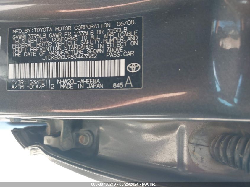 2008 Toyota Prius VIN: JTDKB20U983443582 Lot: 39736219