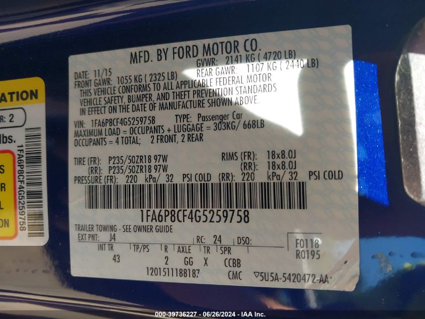 2016 Ford Mustang Gt Premium VIN: 1FA6P8CF4G5259758 Lot: 39736227