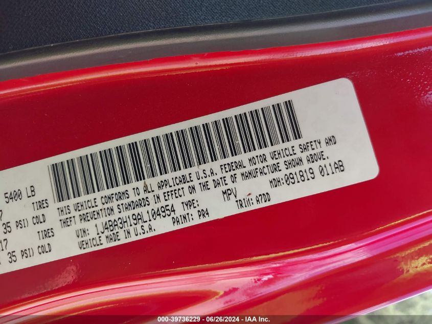 2010 Jeep Wrangler Unlimited Sport VIN: 1J4BA3H19AL104954 Lot: 39736229