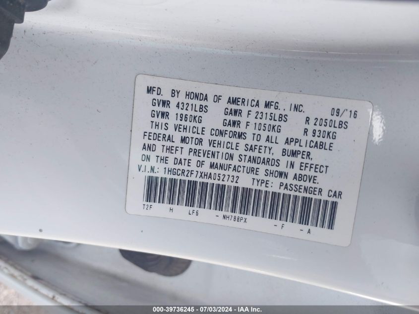 1HGCR2F7XHA052732 2017 Honda Accord Ex