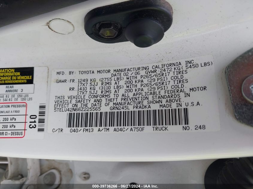 2006 Toyota Tacoma Double Cab VIN: 5TELU42N66Z225565 Lot: 39736266