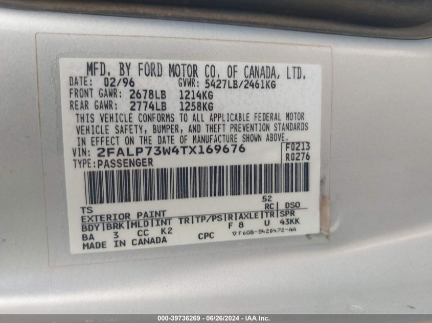1996 Ford Crown Victoria VIN: 2FALP73W4TX169676 Lot: 39736269