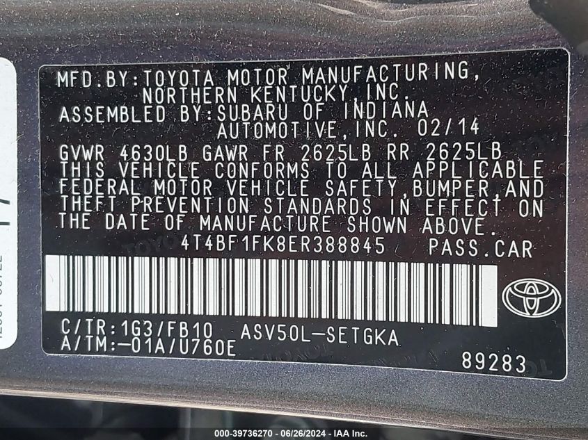 2014 Toyota Camry Xle VIN: 4T4BF1FK8ER388845 Lot: 39736270