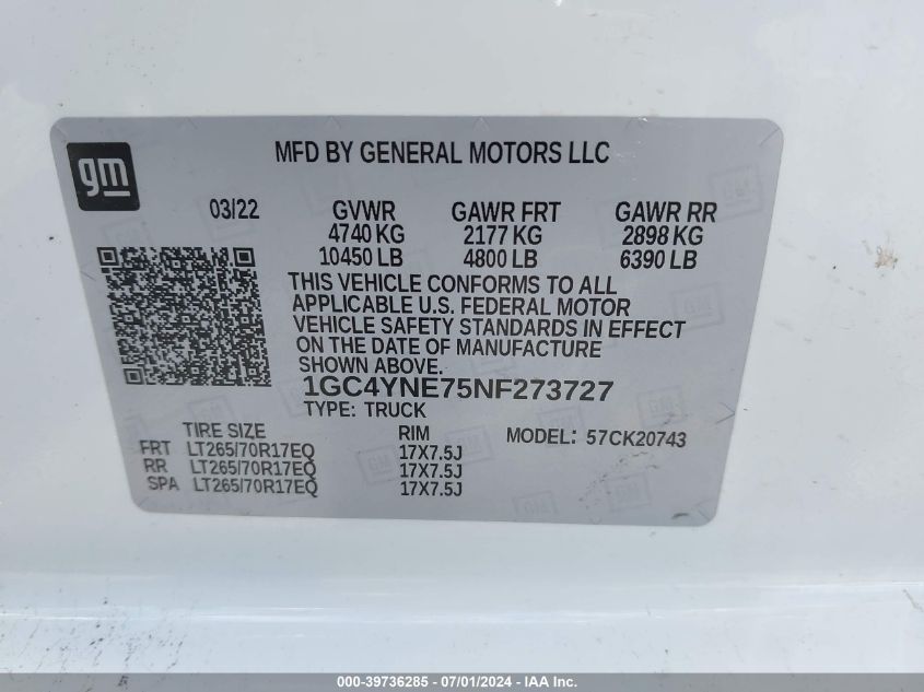 2022 Chevrolet Silverado 2500Hd 4Wd Standard Bed Lt VIN: 1GC4YNE75NF273727 Lot: 39736285