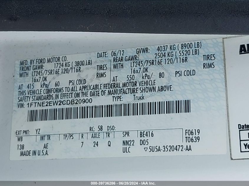 2012 Ford E-250 Commercial VIN: 1FTNE2EW2CDB20900 Lot: 39736286