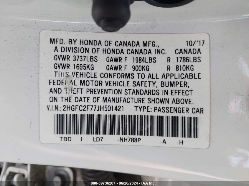 2018 Honda Civic Ex VIN: 2HGFC2F77JH501421 Lot: 39736287