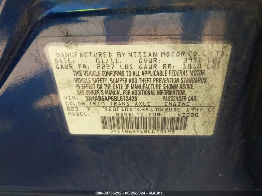 2011 Nissan Sentra 2.0S VIN: 3N1AB6AP6BL673428 Lot: 39736292