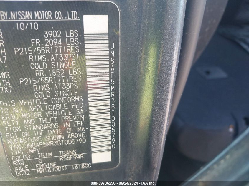 2011 Nissan Juke Sv VIN: JN8AF5MR3BT005790 Lot: 39736296