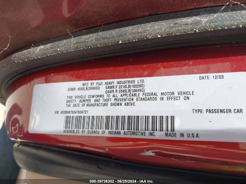 2004 Subaru Outback VIN: 4S3BH675047634721 Lot: 39736302