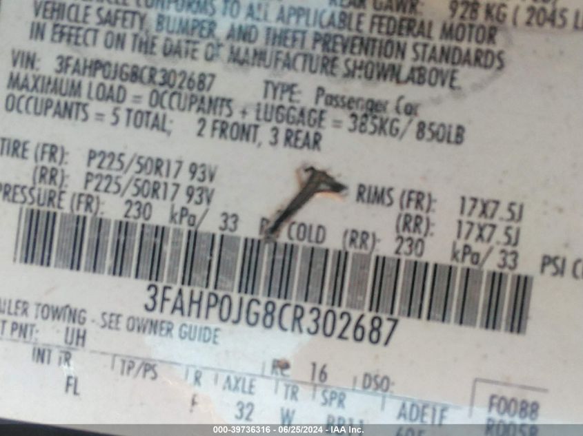 2012 Ford Fusion Sel VIN: 3FAHP0JG8CR302687 Lot: 39736316