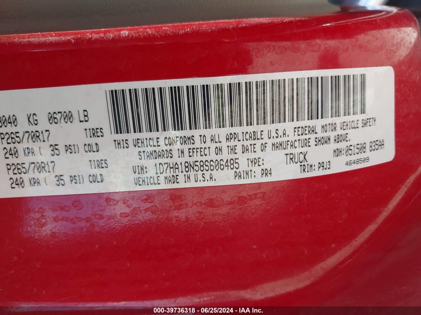 2008 Dodge Ram 1500 St/Sxt VIN: 1D7HA18N58S606485 Lot: 39736318