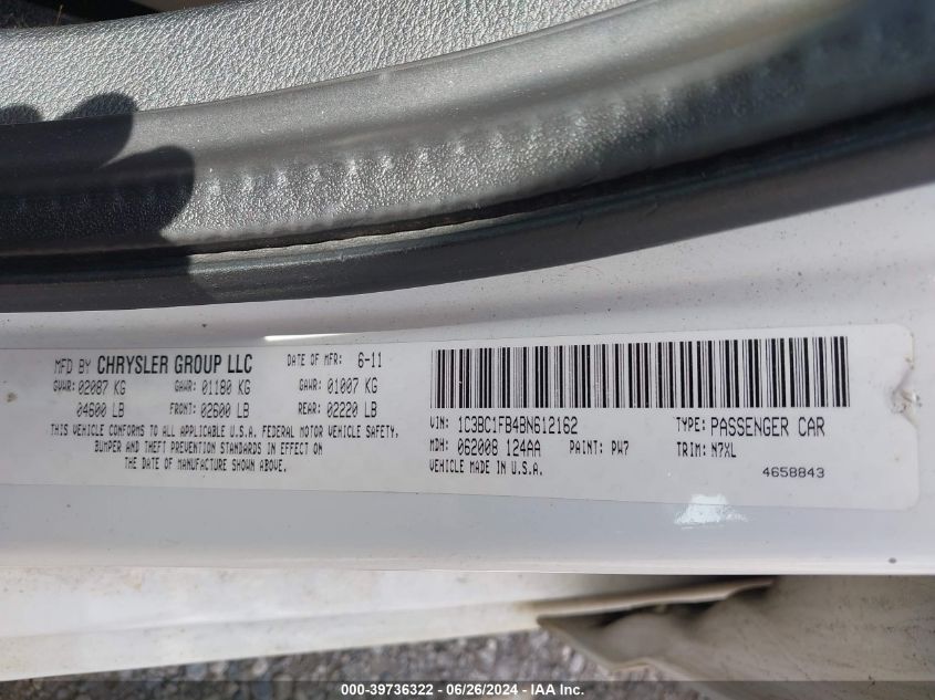 2011 Chrysler 200 Touring VIN: 1C3BC1FB4BN612162 Lot: 39736322