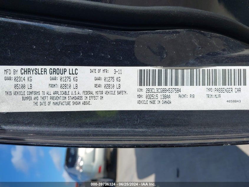 2011 Dodge Charger VIN: 2B3CL3CG8BH537584 Lot: 39736324