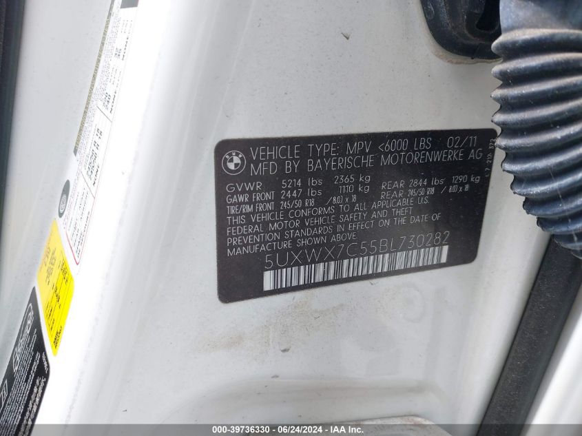 2011 BMW X3 xDrive35I VIN: 5UXWX7C55BL730282 Lot: 39736330