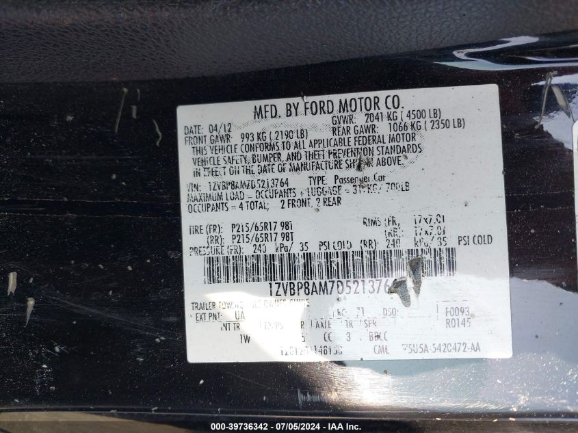 2013 Ford Mustang V6 VIN: 1ZVBP8AM7D5213764 Lot: 39736342