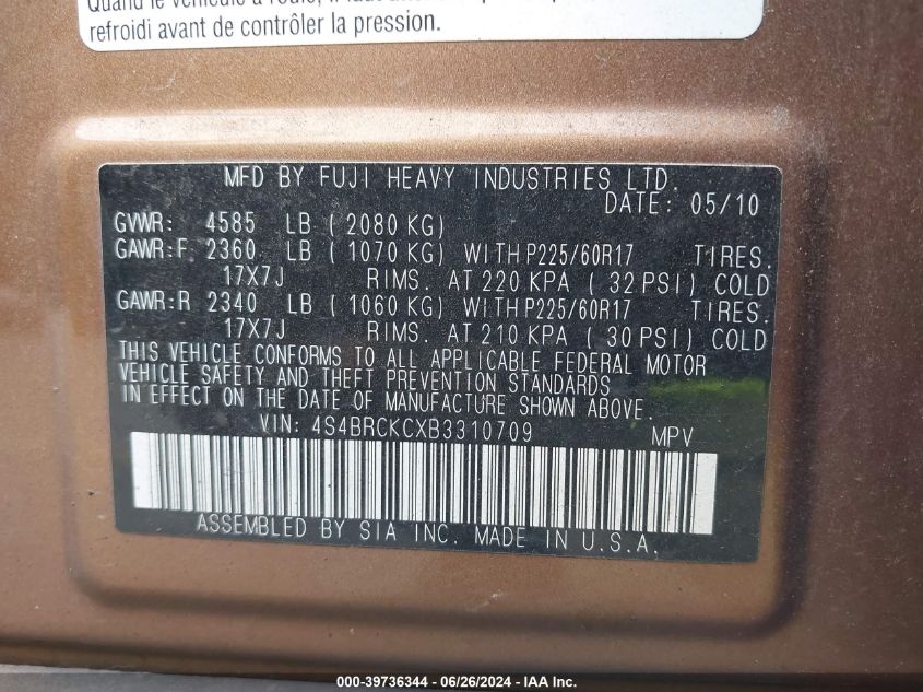 2011 Subaru Outback 2.5I Limited Pwr Moon VIN: 4S4BRCKCXB3310709 Lot: 39736344