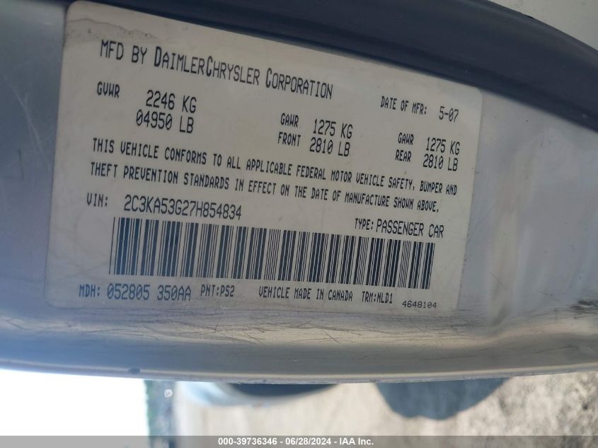 2007 Chrysler 300 Touring VIN: 2C3KA53G27H854834 Lot: 39736346