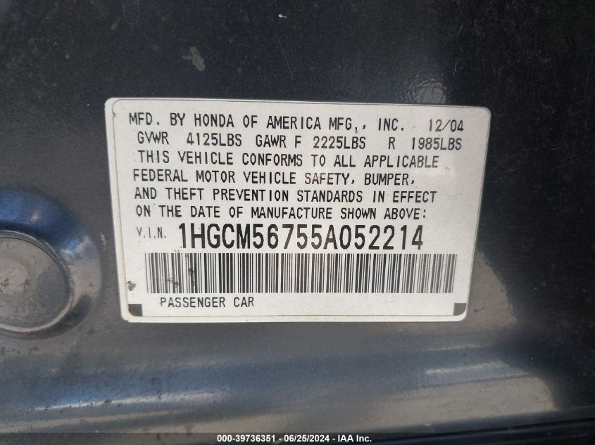 2005 Honda Accord 2.4 Ex VIN: 1HGCM56755A052214 Lot: 39736351