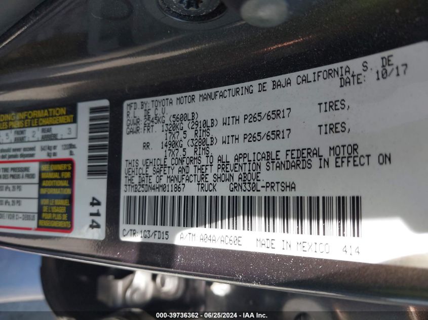 2017 Toyota Tacoma Double Cab/Sr5/Trd Sport VIN: 3TMBZ5DN4HM011867 Lot: 39736362