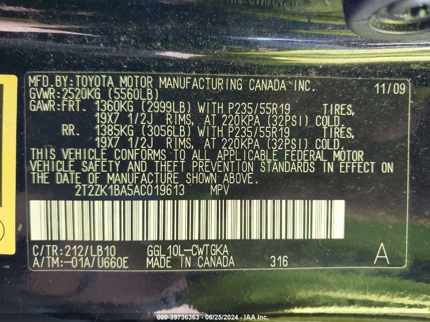 2010 Lexus Rx 350 VIN: 2T2ZK1BA5AC019613 Lot: 39736363