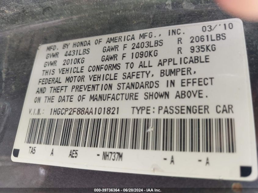 2010 Honda Accord 2.4 Ex-L VIN: 1HGCP2F88AA101821 Lot: 39736364