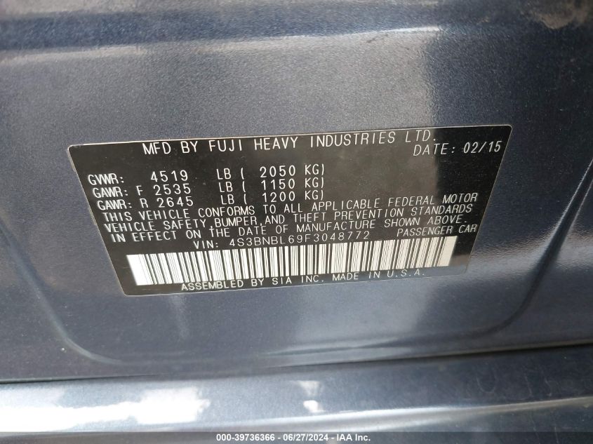 2015 Subaru Legacy 2.5I Limited VIN: 4S3BNBL69F3048772 Lot: 39736366